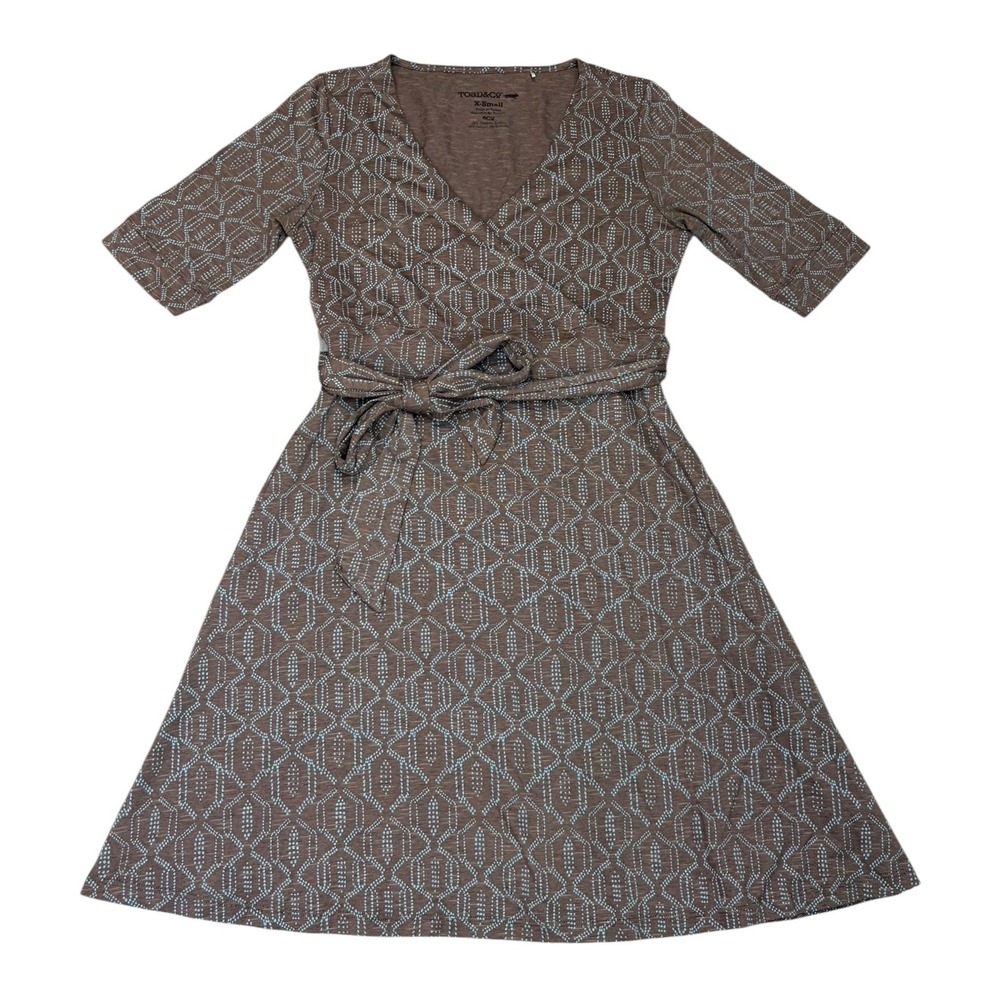 Toad & Co Womens Cue Wrap Cafe Dress Brown Blue Geometric XS Cabincore Eco